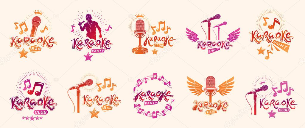 Karaoke party or club logos and emblems vector set isolated, singing music nightlife entertainment weekend theme, microphones and musical notes compositions.