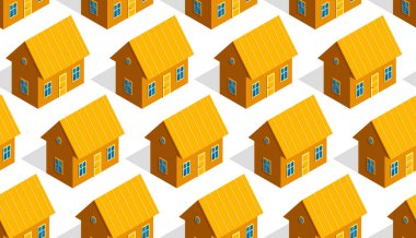 3D izometrik ahşap evler, dikişsiz vektör duvar kağıdı, gayrimenkul temalı arka plan resmi.