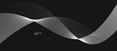 Pürüzsüz ve rahatlatıcı şekil vektörü soyut arkaplan siyah üzerinde akan parçacık dalgası, hareket halindeki eğri çizgiler, sakin ve yumuşak resim çizgileri.