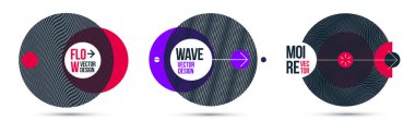 Grafik tasarım elemanları vektör seti, daireli moire mody tasarımları, posterler ve soyut modern sanat, optik sanat afişleri.