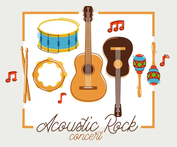 Akustické Hudební Nástroje Plakát Vektor Ploché Ilustrace Izolované Bílých Rockové — Stockový vektor