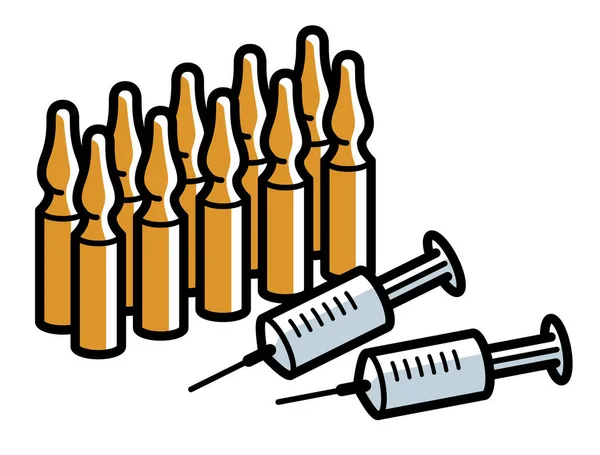 注射器和安培剂疫苗或在白色 注射疫苗 解毒剂或止痛剂上分离的急救概念病媒图解 — 图库矢量图片