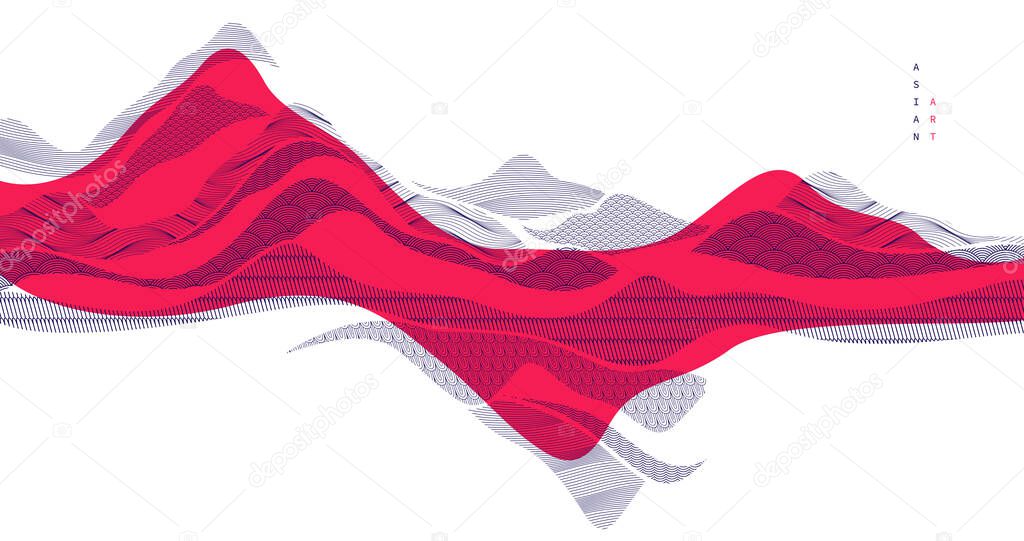 Abstract oriental Japanese art vector background in red color, traditional style design, wavy shapes and mountains terrain landscape, runny like sea lines.