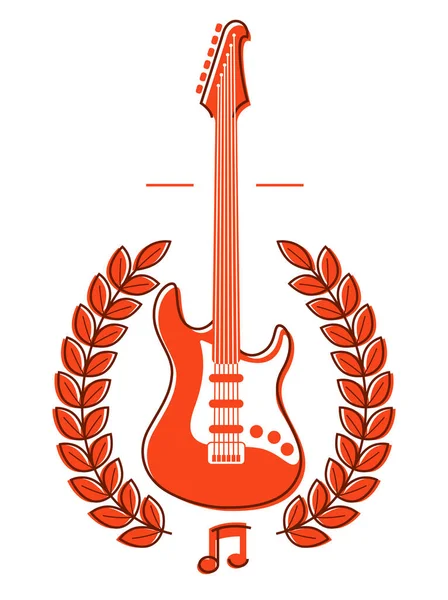 Guitarra Eléctrica Con Corona Laurel Emblema Vectorial Para Festival Concierto — Vector de stock