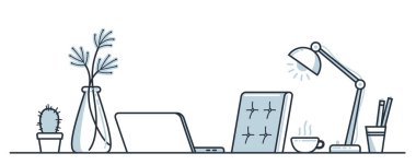 Çalışma masası düz çizimi beyaz, ofis ya da ev işi yeri vektör modern illüstrasyon, boş sandalye boş iş kavramı, rahat çalışma alanı.