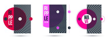 Moire op art vektör tasarım elementleri, grafik stili posterler ve afişler ve broşürler seti, bozuk ızgaralı soyut modern sanat.