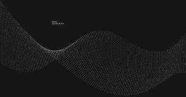 Hareket vektöründeki gri noktalar siyah üzerine soyut arkaplan, parçacıklar dalgalı akış dizisi, hareket, teknoloji ve bilimsel illüstrasyondaki eğri çizgiler.