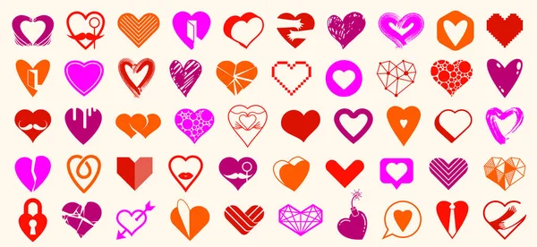 ハート異なる形状やコンセプトのロゴやアイコンの大きなベクトルセット 愛とケア 健康と心臓学 幾何学的および低ポリ ハート形のシンボルのコレクション — ストックベクタ
