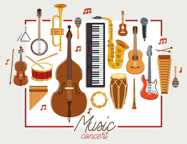 Orchestre Musique Instruments Divers Vecteur Plat Affiche Concert Festival Sonore — Image vectorielle
