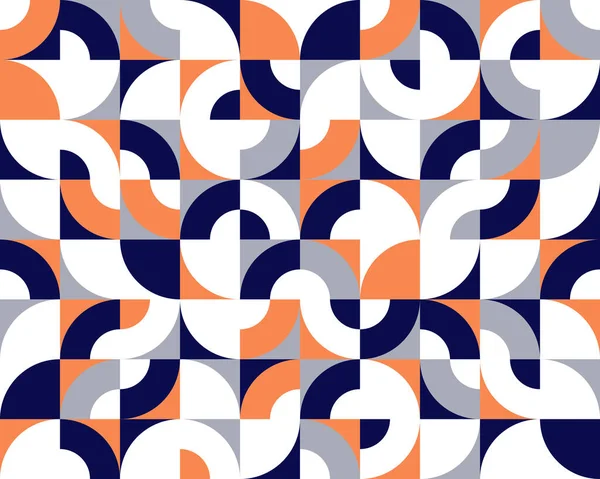 幾何学のカラフルなシンプルな要素を持つ幾何学的な抽象的なシームレスなパターン レトロな70年代スタイルの壁紙の背景 バウハウス建設的なスタイルのタイル — ストックベクタ