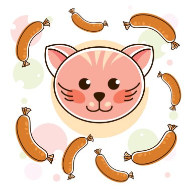 Lezzetli sosisler ve köpüklerle renkli arka planda sevimli çizgi film kedilerinin vektör çizimi.