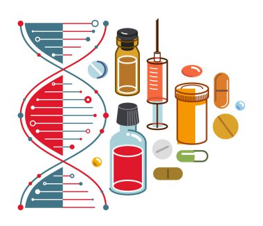 Pek çok farklı uyuşturucu ve ilaç vektörü illüstrasyonuna sahip DNA iplikçikli tıbbi tema bileşimi izole edilmiş, eczane veya tıbbi biyoteknoloji bilimsel araştırmaları.