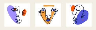 Soyut yüz vektör portresi seti, soyut sanat adamı kafası, el çizimi minimal modern sanat eseri, insan yüzü soyutlaması.