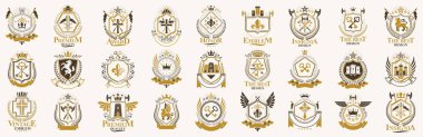 Heraldic Coat of Arms vektör seti, antika heraldik rozetler ve ödüller koleksiyonu, klasik tarz tasarım unsurları, aile veya iş logoları sembolleri.