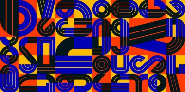 Geometrik elementlere sahip kusursuz desen vektör trend tasarımı, renkli tipografi parçaları kaplama arkaplan, soyut kompozisyon.