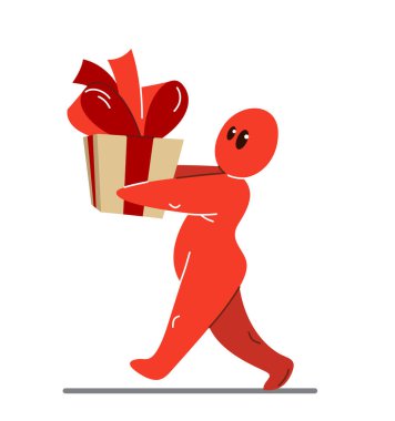 Komik karikatürcü, üzerinde yay vektör tarzı çizimler olan büyük bir hediye kutusu taşıyor. Beyaz, doğum gününde ya da bayramlarda sürpriz hediyeler alıp veriyor..