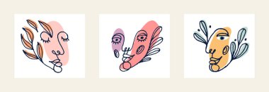 Soyut kadın vektör çizimi seti, modern moda kadın portresi, el çizimi sürreal güzellik, minimal sanat tasarımı, insan kafası..