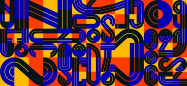 Geometrik elementlere sahip kusursuz desen vektör trend tasarımı, renkli tipografi parçaları kaplama arkaplan, soyut kompozisyon.