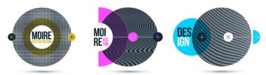 Grafik tasarım elemanları vektör seti, daireli moire mody tasarımları, posterler ve soyut modern sanat, optik sanat afişleri.