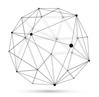Soyut 3D ağ küre vektör illüstrasyonu, çizgilerle bağlantılı noktalar, beyaz arkaplanda izole edilmiş çokgen nesne, gerçekçi alan etkisi derinliğine sahip dinamik kafes.