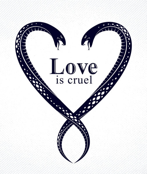 Two Snakes in a shape of heart, love is cruel concept, lovers couple arguing, quarrels in relations, vector logo emblem or tattoo in vintage classic style.