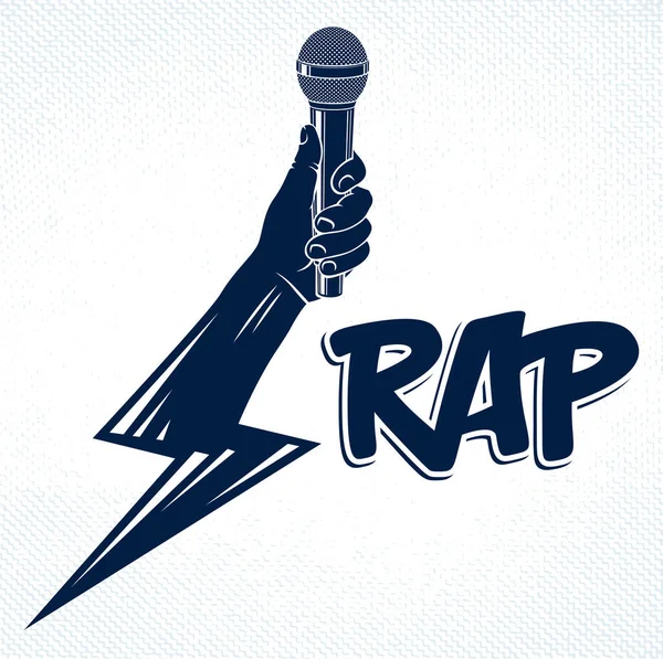 Rap Music Vektorové Logo Nebo Znak Mikrofonem Ruce Tvaru Blesku — Stockový vektor