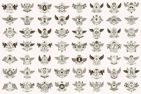 Klasszikus Stílus Emblémák Nagy Készlet Ősi Heraldikai Szimbólumok Díjak Címkék — Stock Vector
