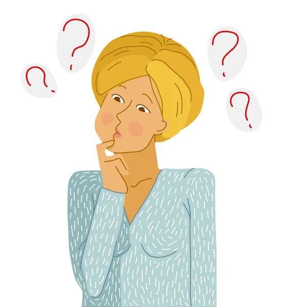 Jeune Femme Réfléchissant Illustration Vectorielle Des Questions Isolée Sur Fond — Image vectorielle