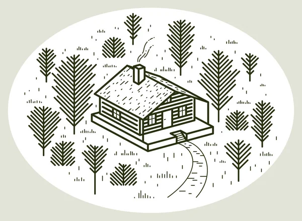 Cabin Woods Pine Forest Linear Vector Nature Illustration Isolated White — Stock Vector