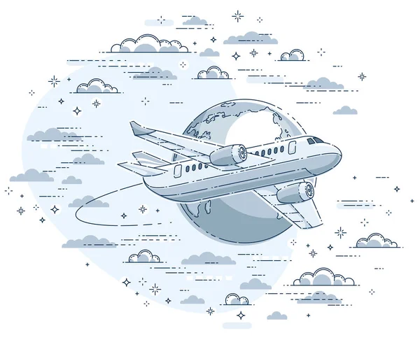 Самолет Земной Планетой Небе Окруженный Облаками Авиакомпании Иллюстрируют Полеты Красивая — стоковый вектор