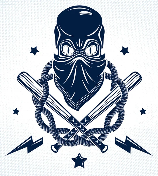 Brute Gangster Embleem Logo Met Agressieve Schedel Honkbalknuppels Andere Wapens — Stockvector