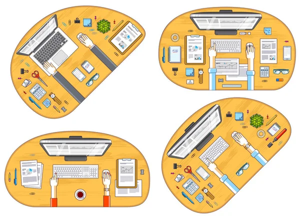 Kantoormedewerkers Ondernemers Werken Werkplekken Met Hand Computers Diverse Kantoorobjecten Voor — Stockvector