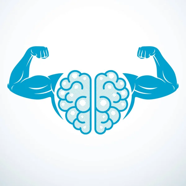 Brain Strong Bicep Hands Bodybuilder Power Brain Emblem Genius Concept — Stock Vector