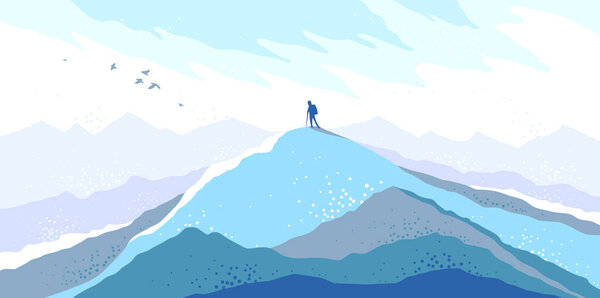 Beautiful scenic nature landscape with traveler pilgrim vector illustration winter season with grasslands meadows hills and mountains, snow and cold hiking traveling trip to the countryside concept.