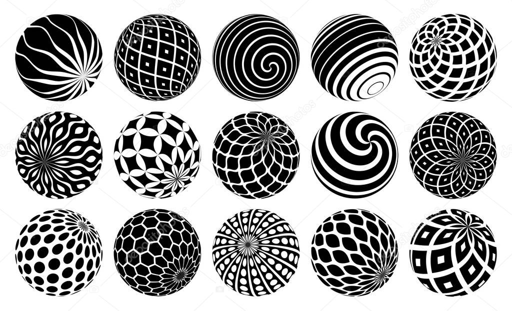 Abstract spheres vector set, collection of balls decorated with patterns, 3D mixed variety globes with ornaments collection, single color black and white useful for logos.