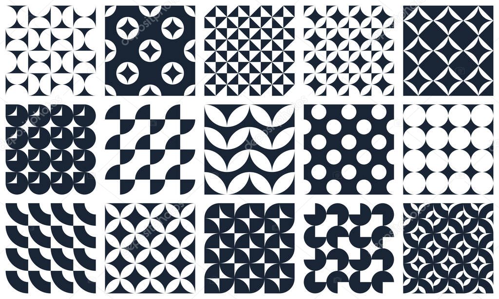 Abstract vector geometric seamless patterns set, black and white simple geometric elements repeat tiles, wallpapers or website backgrounds, design background in retro style.