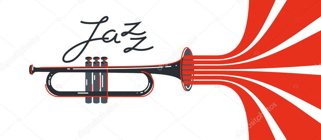 Jazz music emblem or logo vector flat style illustration isolated, trumpet logotype for recording label or studio or musical band.