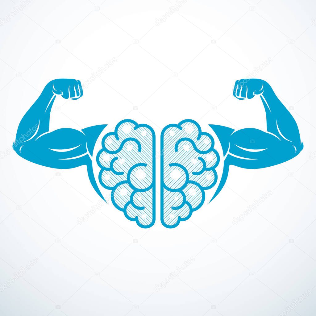 Brain with strong bicep hands of bodybuilder. Power Brain emblem, genius concept.  Brain training, grow IQ, mental health. Vector design.