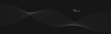 Hareket vektöründeki gri noktalar siyah üzerine soyut arkaplan, parçacıklar dalgalı akış dizisi, hareket, teknoloji ve bilimsel illüstrasyondaki eğri çizgiler.