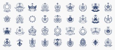 Heraldic Coat of Arms ve yıldız vektörü büyük set, antika heraldik rozetler ve ödüller koleksiyonu, klasik tarz tasarım unsurlarındaki semboller, aile veya iş logoları.