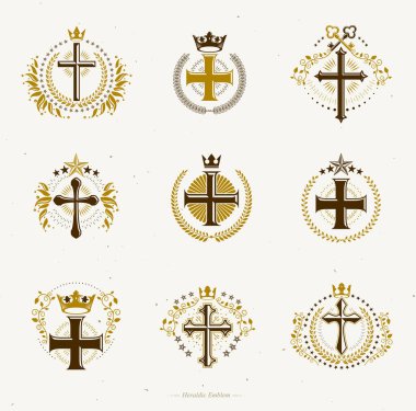 Christian Cross amblemleri yerleştirildi. Arms dekoratif logoları Heraldic Coat izole edilmiş vektör çizimleri koleksiyonu.