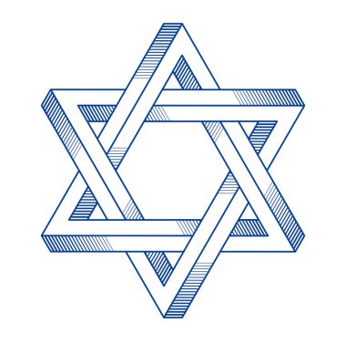 Yahudi altıgen yıldız kutsal geometri sembolü iki boyutlu üçgenler imkansız şekiller, vektör logosu veya amblem tasarım elemanı oluşturulan.
