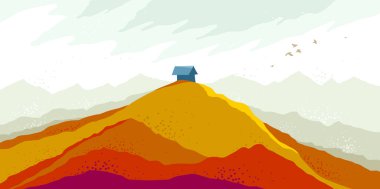 Manzaralı doğa manzarası vektör illüstrasyonu sonbahar mevsimi çayır çayırları tepeler ve dağlarla kırsal konsepte yürüyüş gezisi.