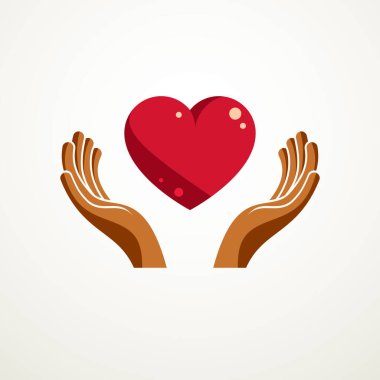 Loving Heart basit vektör logosu ya da simgesi kırmızı parlak kalp işareti ve özen ile oluşturulan el koruması. 
