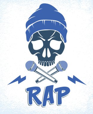Rap müzik vektör logosu veya agresif kafatası amblemi ve kemik gibi çaprazlanmış iki mikrofon, Hip Hop kafiye festivali konseri veya gece kulübü parti etiketi, tişört baskısı.