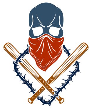 Sert gangster amblemi ya da logosu, agresif kafatası beyzbol sopaları tasarım elementleri, vektör anarşi suçu veya terörizm retro tarzı, getto devrimci tarzı.