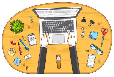 Ofis çalışanı ya da girişimci bilgisayar defteri üzerinde çalışıyor. Çalışma masasının insan eliyle ve çeşitli kırtasiyelerle en üst görüntüsü. Tüm elementleri ayrı ayrı kullanmak kolaydır. Vektör illüstrasyonu.