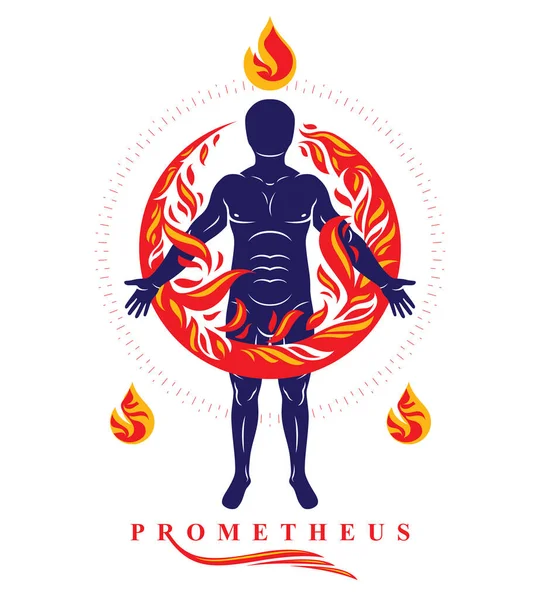 Διανυσματική Γραφική Απεικόνιση Του Ισχυρό Αρσενικό Σώμα Στέκεται Σιλουέτα Φωτιά — Διανυσματικό Αρχείο