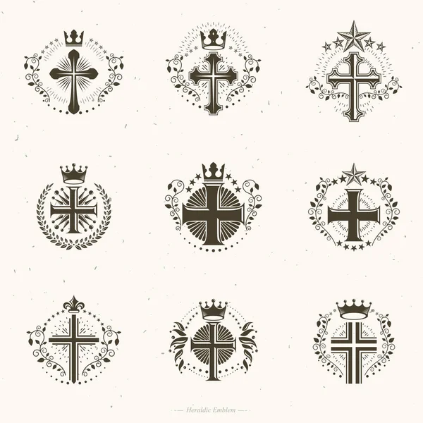 Conjunto Emblemas Christian Crosses Escudo Heráldico Logotipos Decorativos Vector Aislado — Vector de stock
