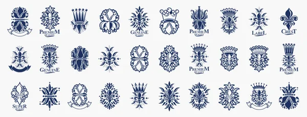 Kronor Vintage Heraldiska Emblem Vektor Stor Uppsättning Antika Heraldry Symboliska — Stock vektor